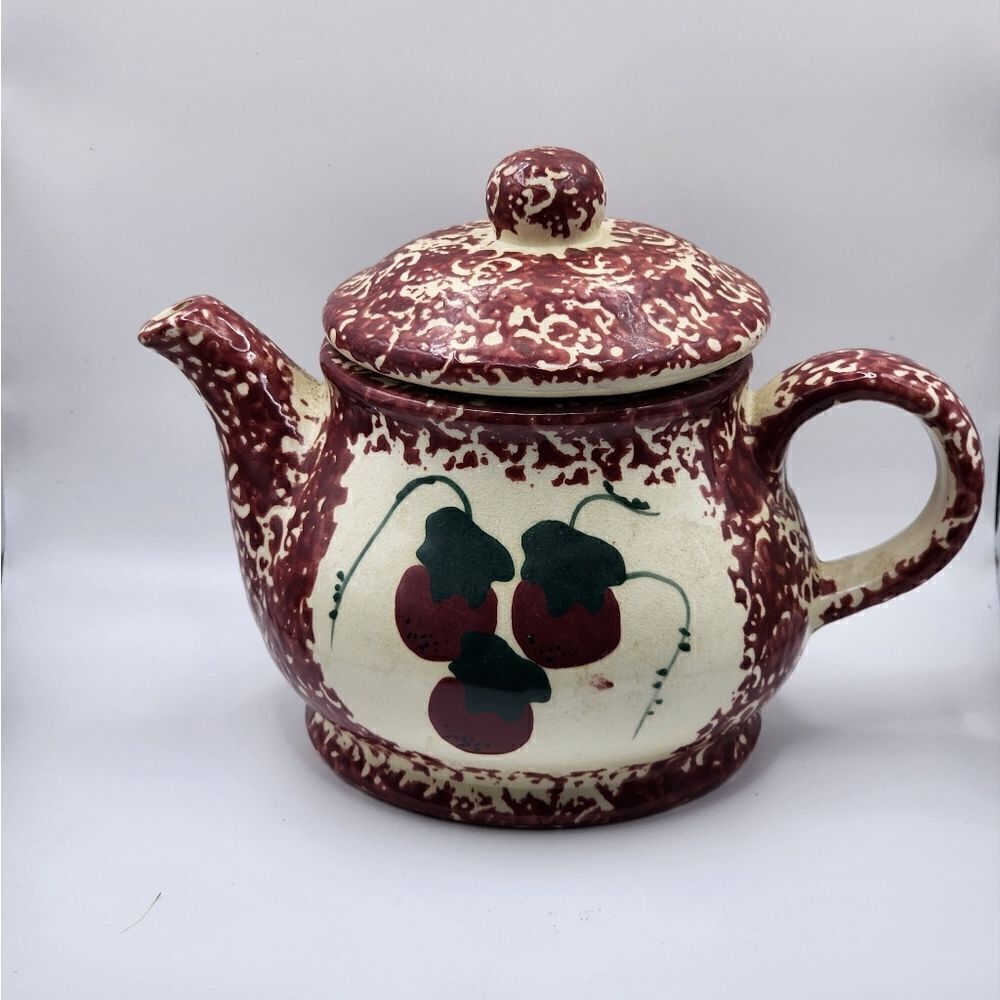 VTG Strawberry Splatter Sponge Ware Textured Pottery Teapot & Lid Hand Painted